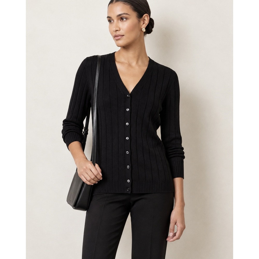 Classic Minimalist Black Silk Ribbed V-Neck Cardigan Sweater M Quiet Luxury